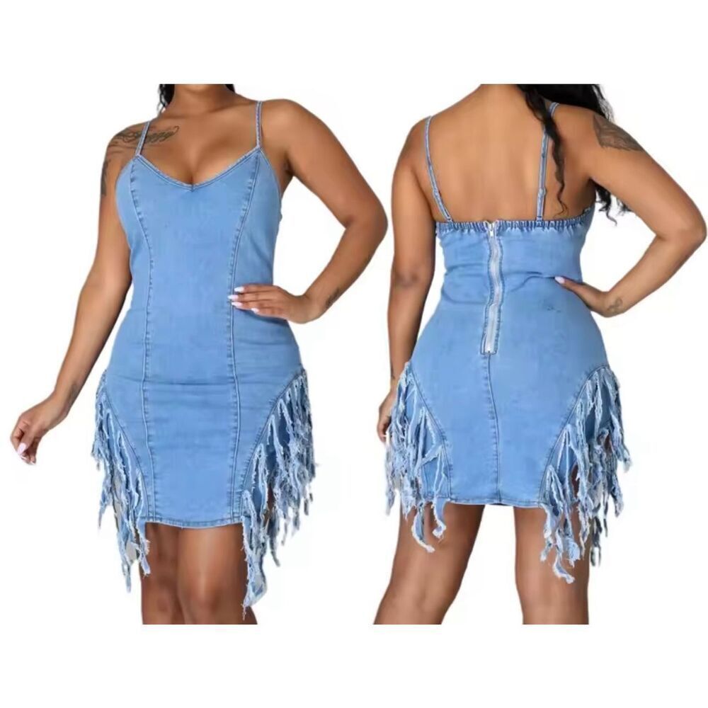 Love by Chesley Women’s Denim Spaghetti Strap Tassel Jean Dress Size 1X NEW - Picture 6 of 7